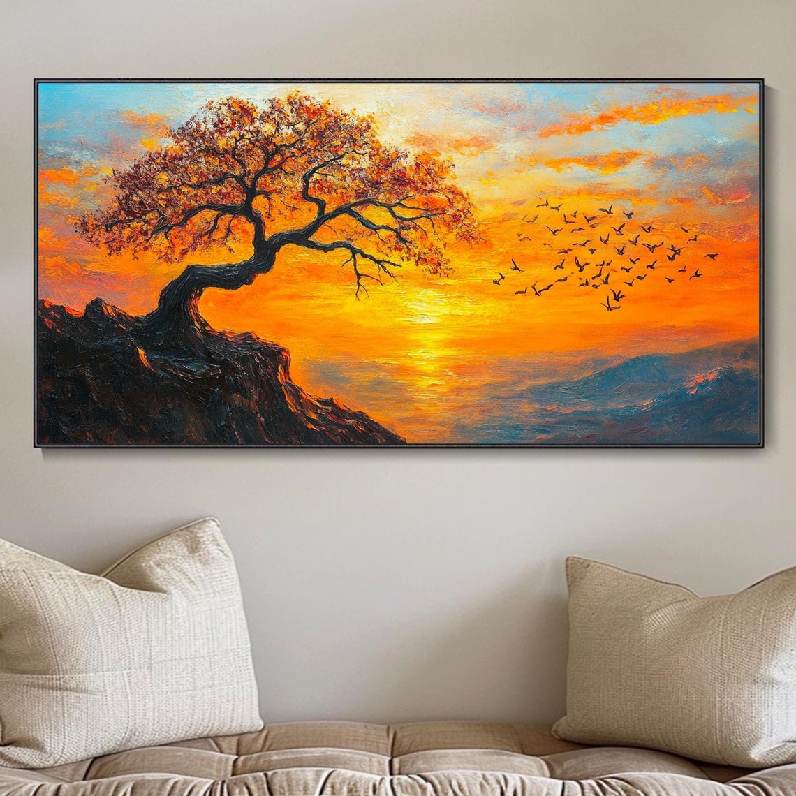 Fiery Ocean Sunset With Tree Silhouette And Flying Birds Poster - Image 4