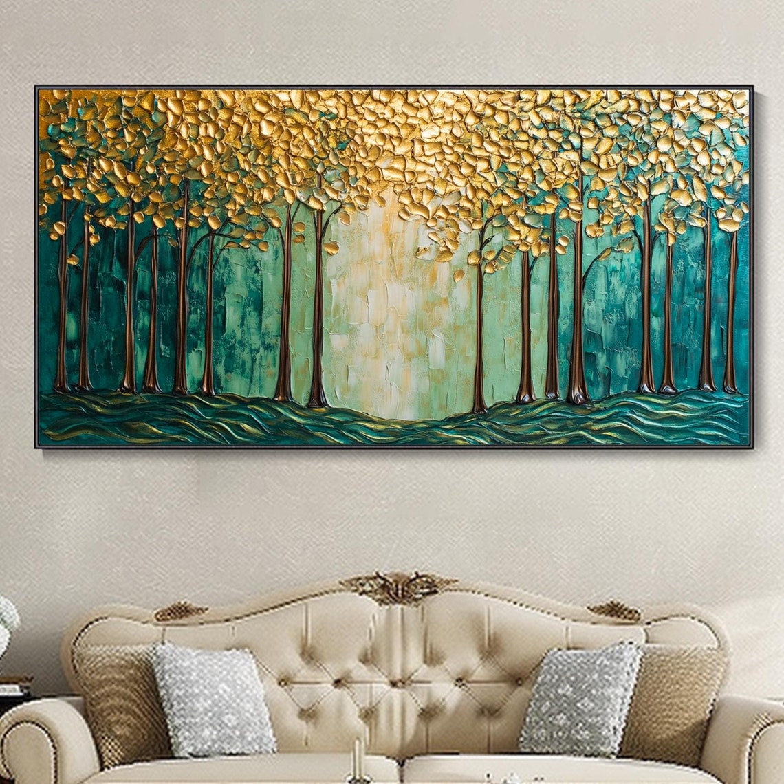 Golden Trees In Emerald Forest Gold Leaf Nature Painting Poster - Image 4