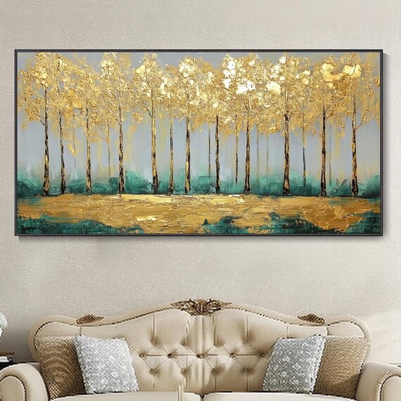 Golden Forest Oil Painting 3d Trees Thick Texture Original Large Art Living Room Bedroom Wall Decor Gold Foil Landscape Hand Artwork