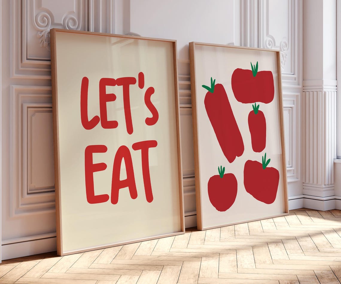 Bold Let's Eat Typography and Red Tomato Kitchen Art Poster Set