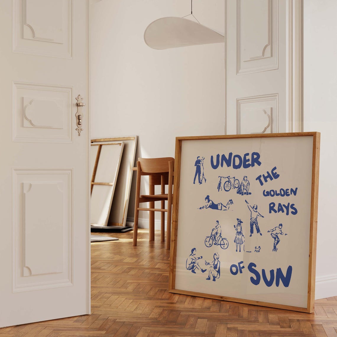 Under the Golden Rays of Sun Blue Summer Square Doodle Art Poster - Image 2