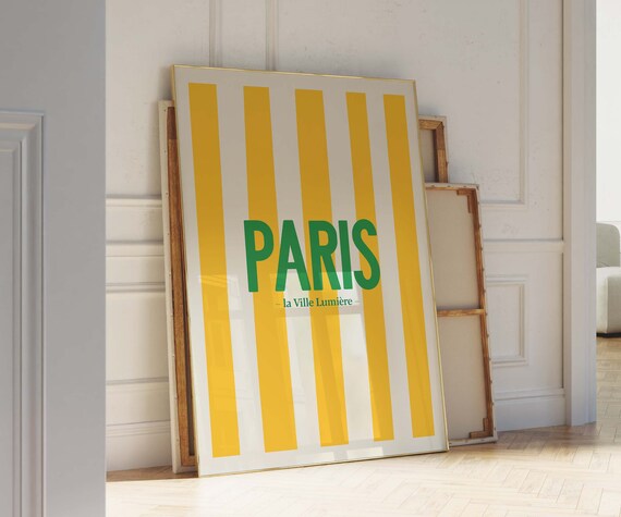 Cute Paris Poster Yellow Striped Wall Art Simple Scandi Style Paris Lover Poster Modern Boho Aesthetic Preppy Striped Art Yellow And Green