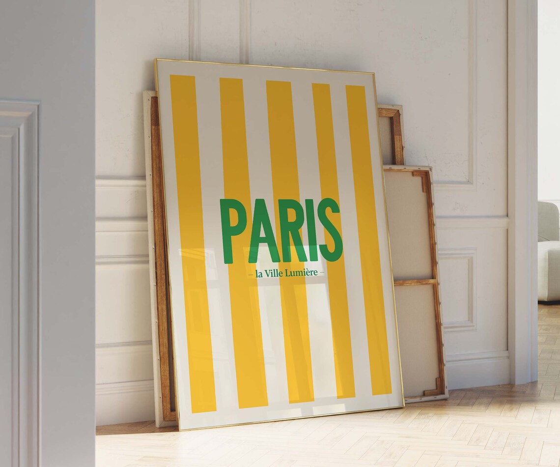 Paris la Ville Lumiere Yellow Green Stripe French Travel Poster
