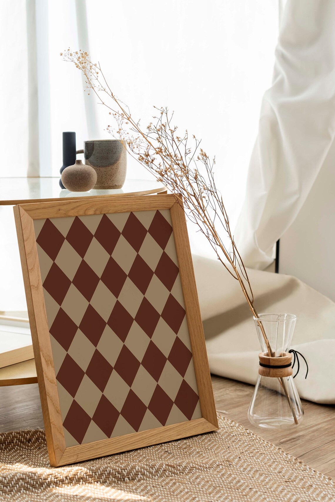 Burgundy Harlequin Diamond Pattern Minimalist Geometric Wall Art - Image 3