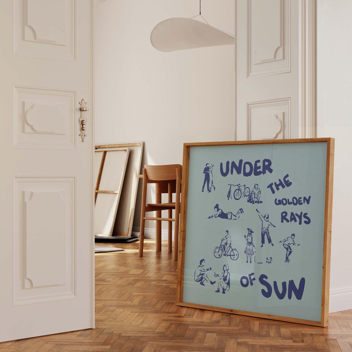 Under the Golden Rays of Sun Navy Blue on Light Blue Square Poster - Image 2
