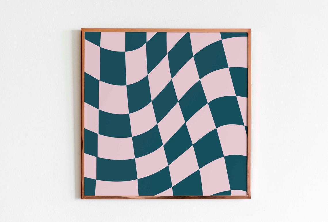Wavy Teal and Blush Pink Checkerboard Retro Geometric Poster - Image 3