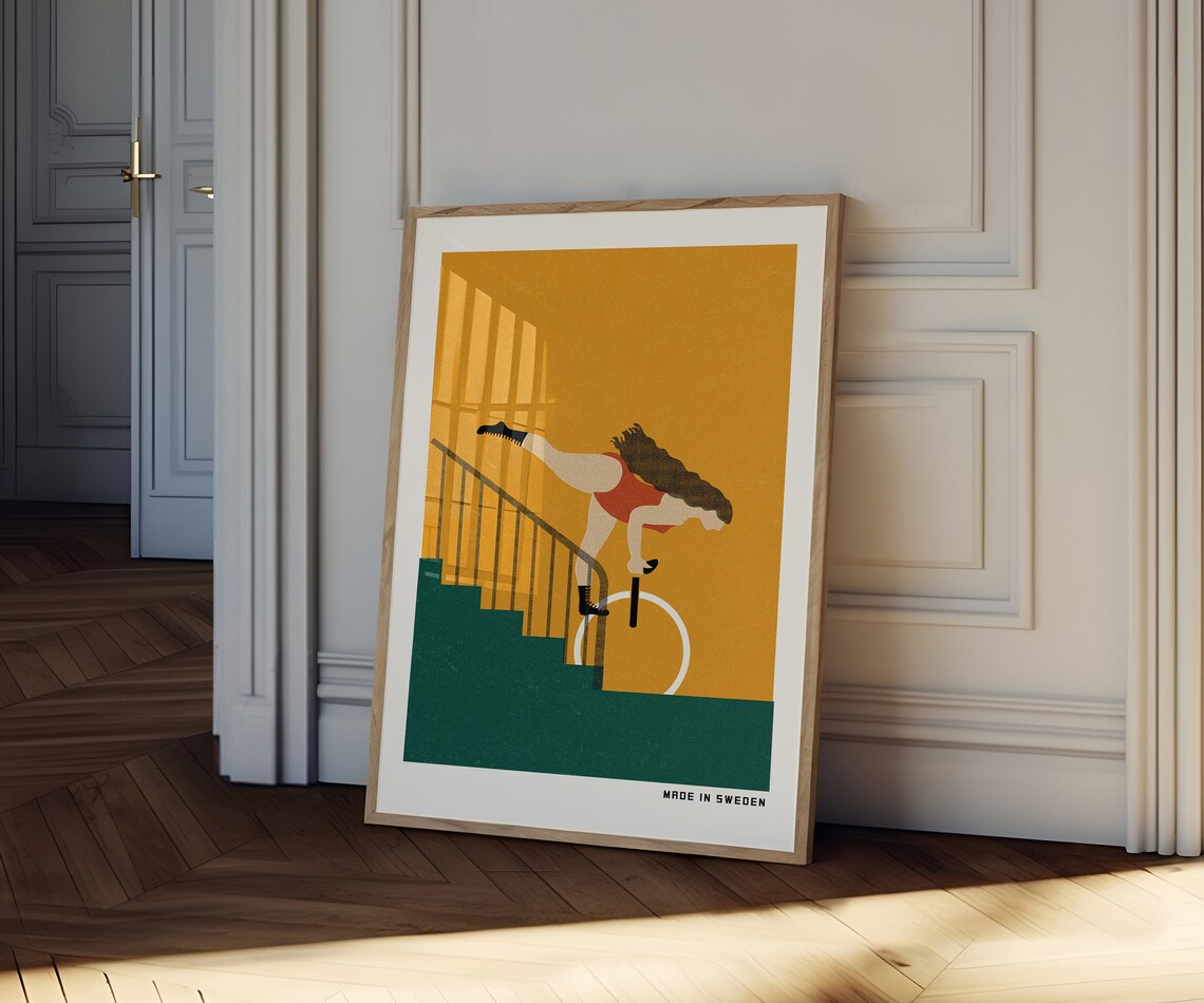 Unicyclist Tumbling Down Green Stairs Swedish Retro Poster Yellow - Image 3