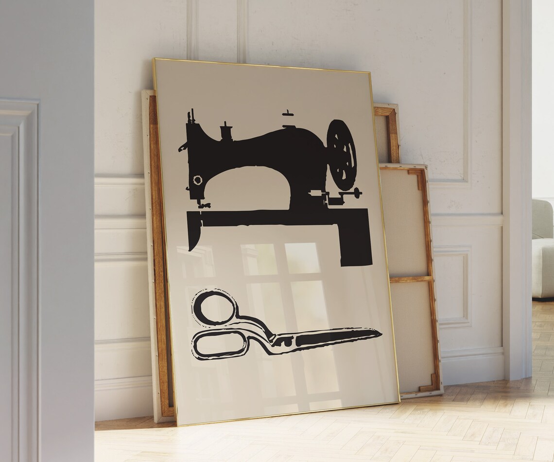 Black Beige Sewing Machine Scissors Craft Room Poster Wall Decor Art