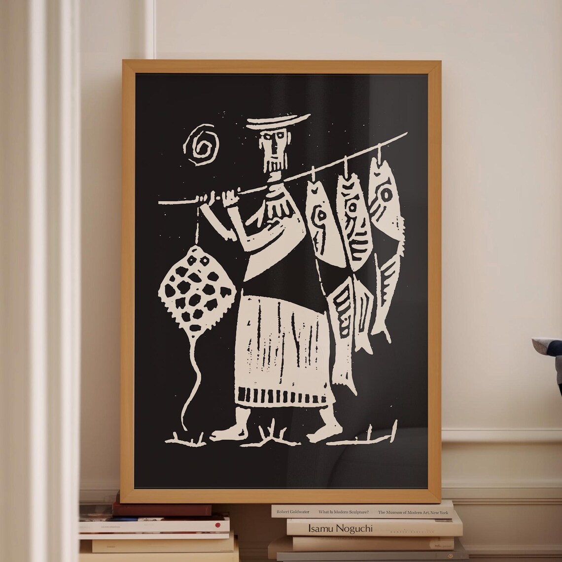 Vintage Fisherman Catch Black White Linocut Woodblock Art Poster