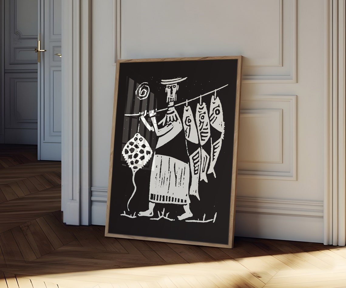 Fisherman Black Woodcut Style Catch Hanging Fish Coastal Art Poster - Image 2