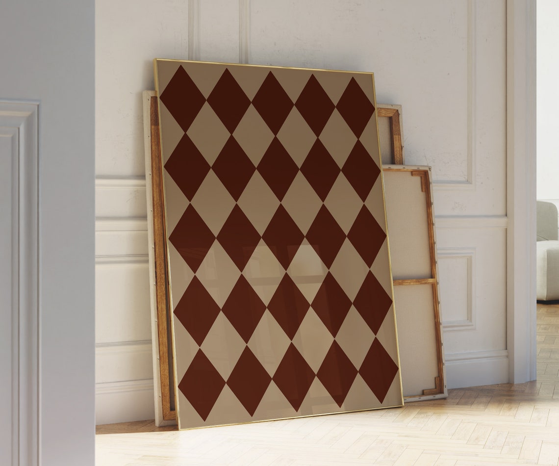 Burgundy Harlequin Diamond Pattern Minimalist Geometric Wall Art