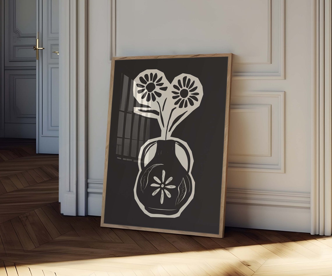 Black Botanical Vase with Daisies Abstract Floral Still Life Wall Art - Image 2