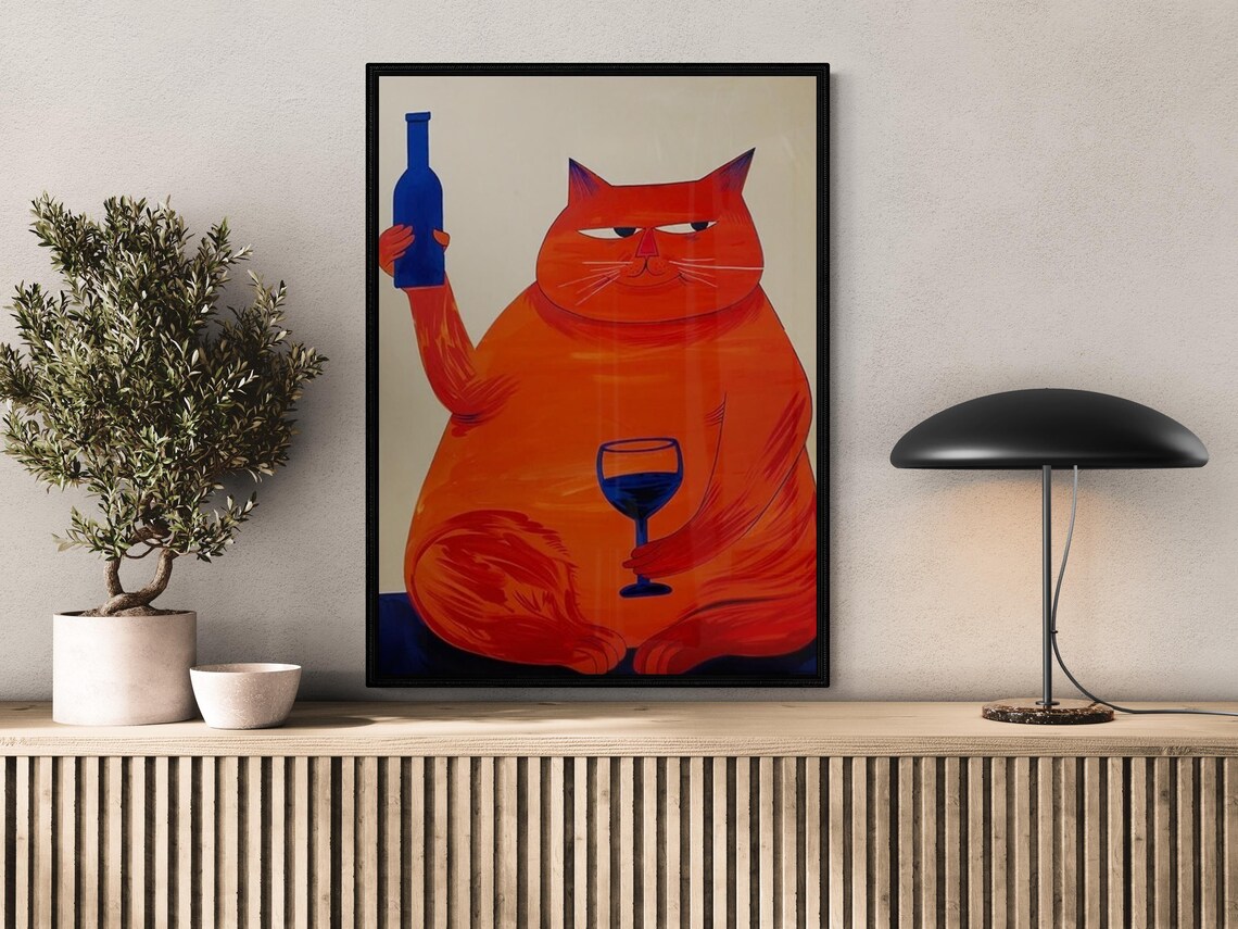 Funny Drinking Cat, Quirky Living Room Artwork