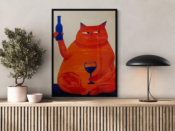 Funny Drinking Cat, Quirky Living Room Artwork