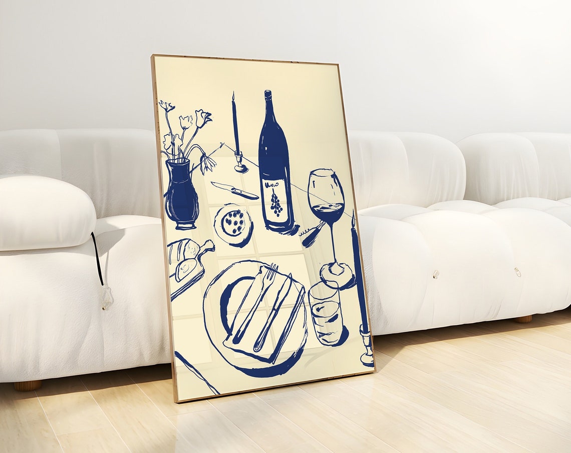 Navy Blue Dinner Party Table Setting Wine Sketch Illustration Poster - Image 4