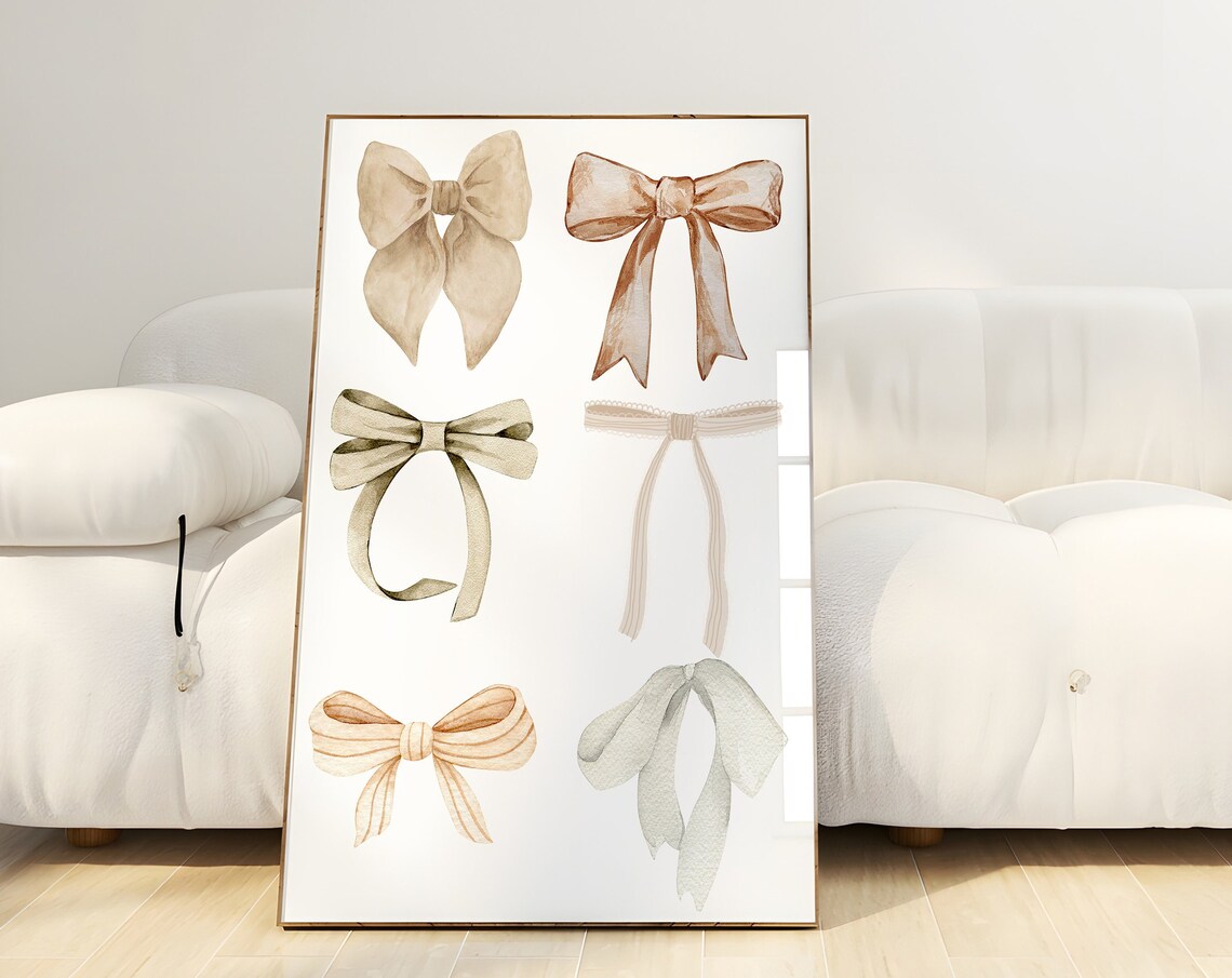 Beige Watercolor Bows Set Of Six Coquette Ribbon Holiday Poster - Image 3