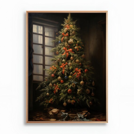 Moody Christmas Tree With Red Bows Ornaments Dark Room Poster