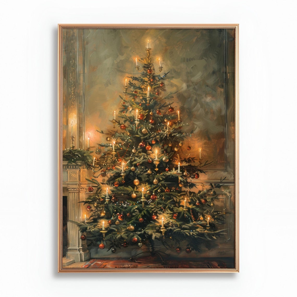 Candlelit Christmas Tree With Ornaments Cozy Interior Poster