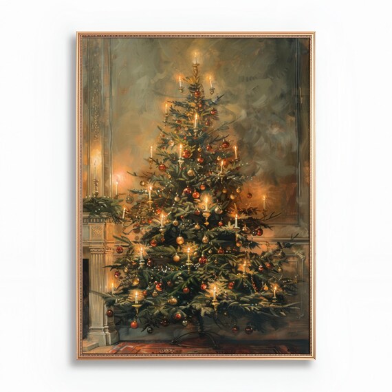 Candlelit Christmas Tree With Ornaments Cozy Interior Poster