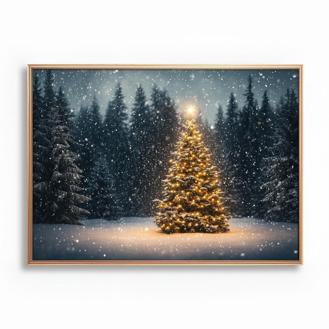 Magical Glowing Christmas Tree In Snowy Forest Night Snowfall Poster