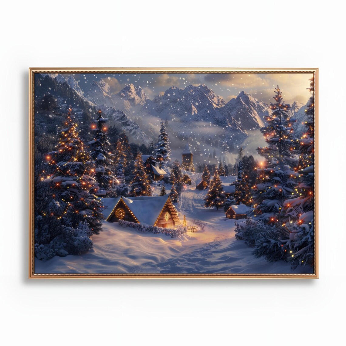 Snowy Mountain Village With Cabins Christmas Wonderland Poster