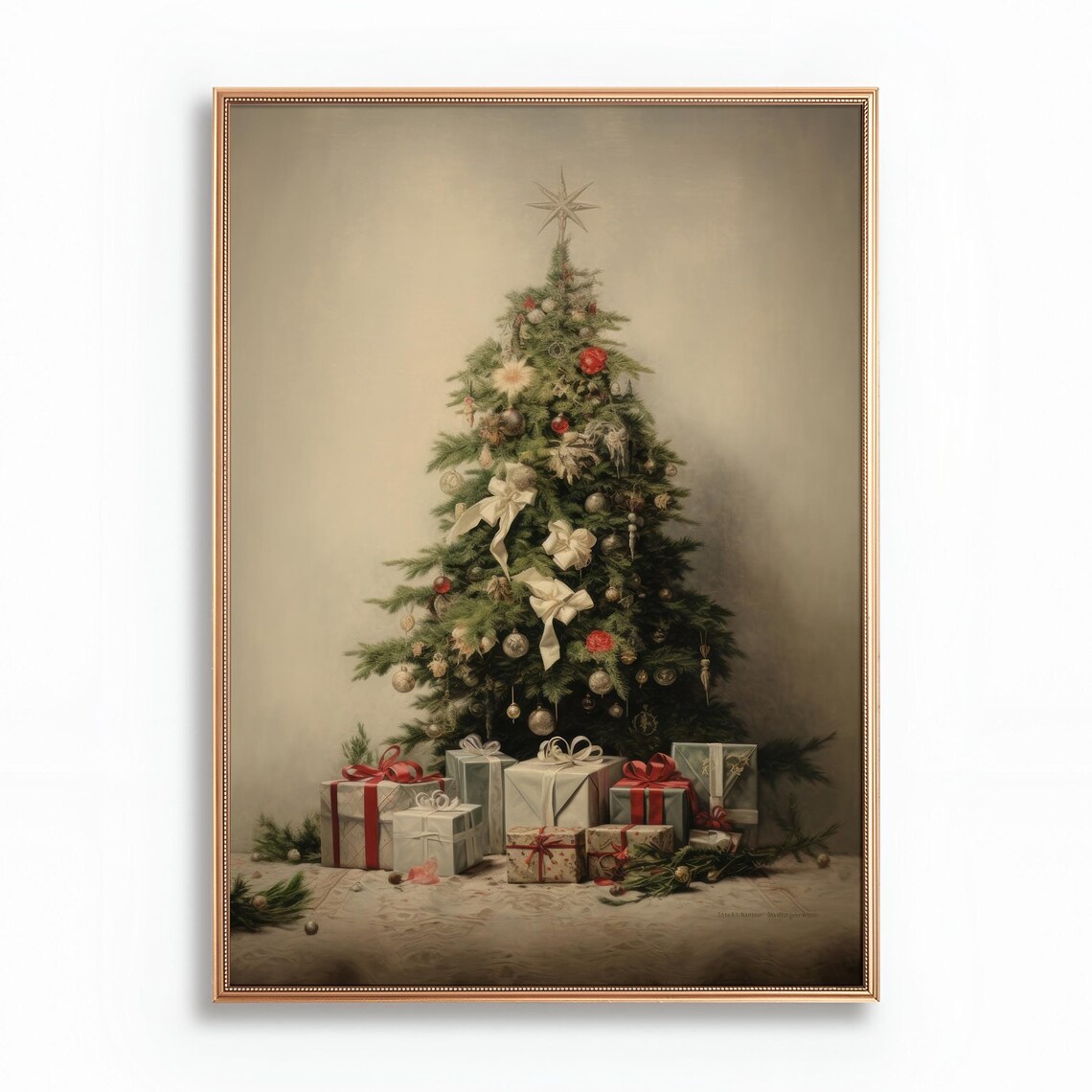 Neutral Vintage Christmas Tree With Gifts Beige Minimal Poster