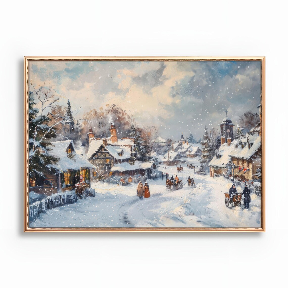 Snowy Christmas Village Horse Carriage Winter Wonderland Poster