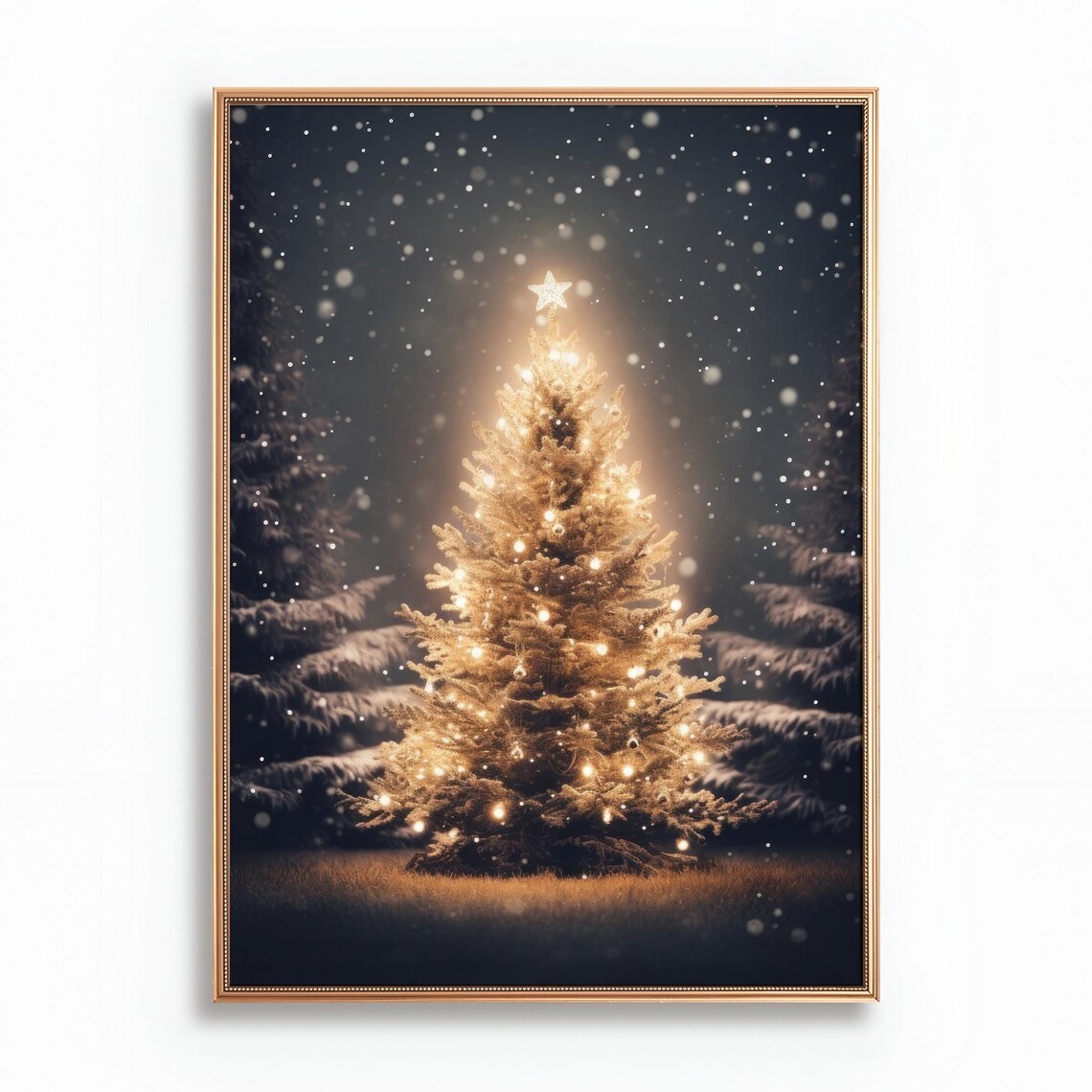 Glowing Christmas Tree With Star Falling Snow Night Glow Poster