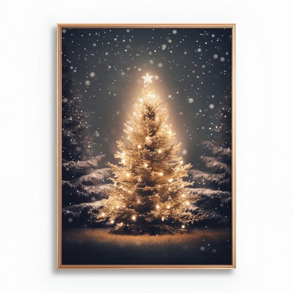 Glowing Christmas Tree With Star Falling Snow Night Glow Poster