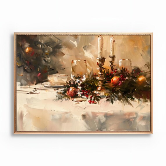 Christmas Dinner Table Candlelight Still Life Oil Painting Poster