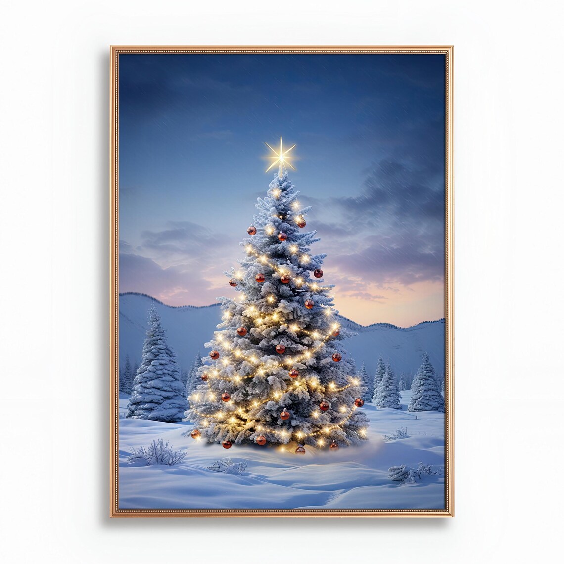 Snowy Christmas Tree With Lights Winter Dusk Landscape Poster
