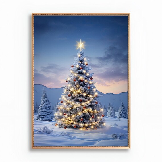 Snowy Christmas Tree With Lights Winter Dusk Landscape Poster