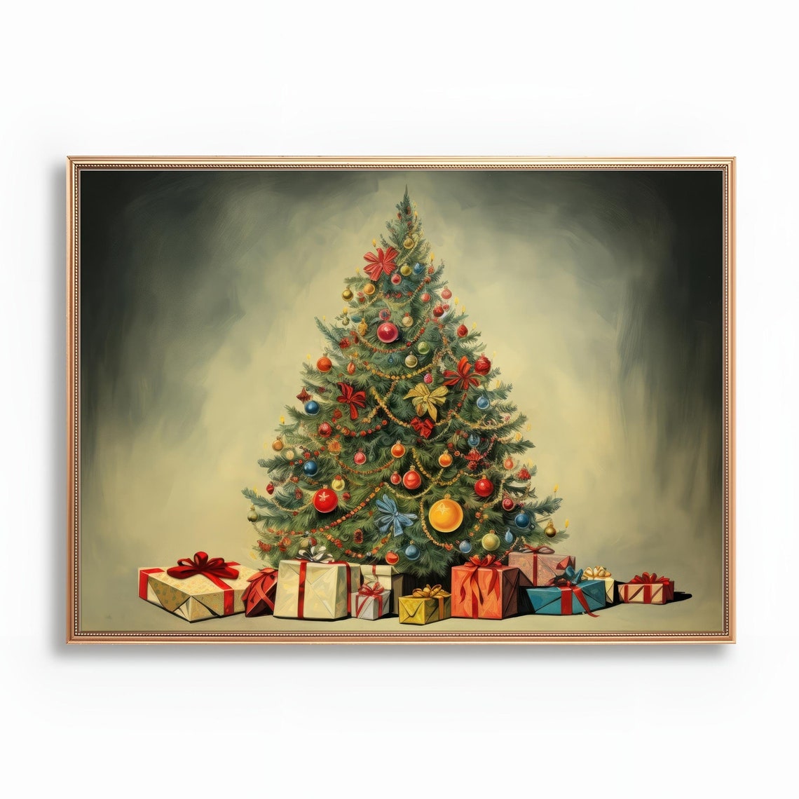 Vintage Decorated Christmas Tree With Gifts Moody Holiday Poster