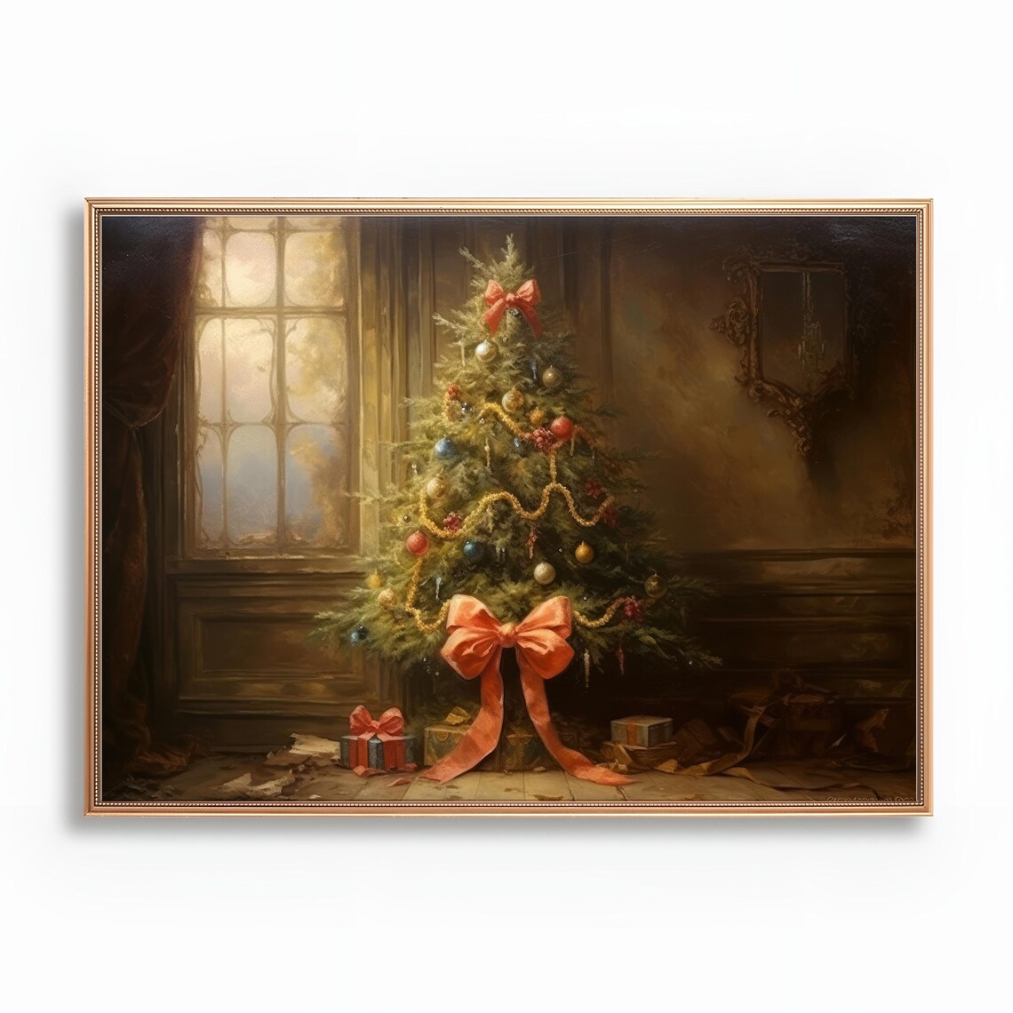 Christmas Tree With Pink Bow Gifts Moody Window Light Poster