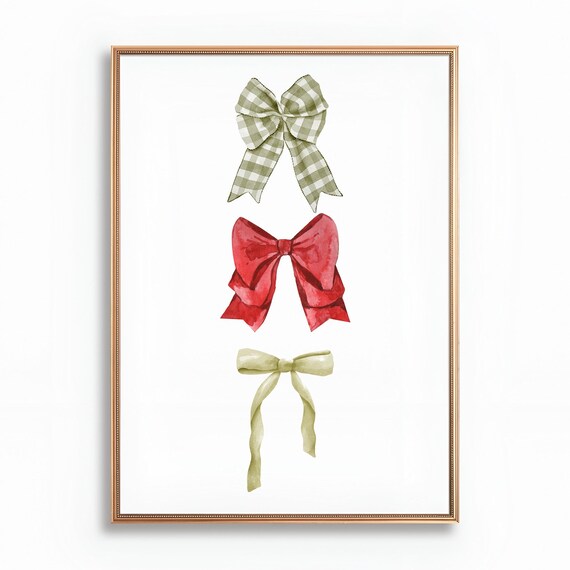 Watercolor Christmas Bows Trio Red Green Gingham Holiday Poster
