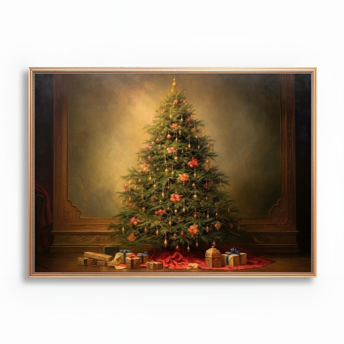 Elegant Christmas Tree With Gifts Warm Paneled Room Glow Poster