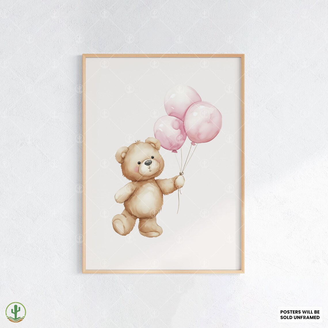 Teddy Bear With Pink Balloons Sweet Watercolor Nursery Baby Poster