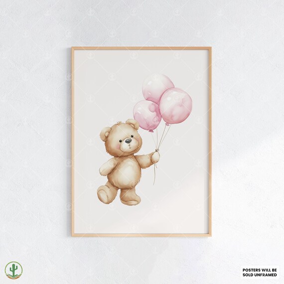 Teddy Bear With Pink Balloons Sweet Watercolor Nursery Baby Poster