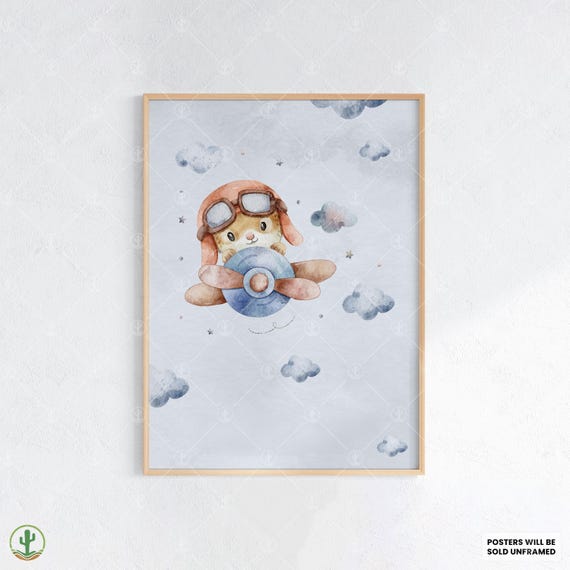Flying Animal Pilot Poster Nursery Wall Art Print Cute Baby Room Decor Kids