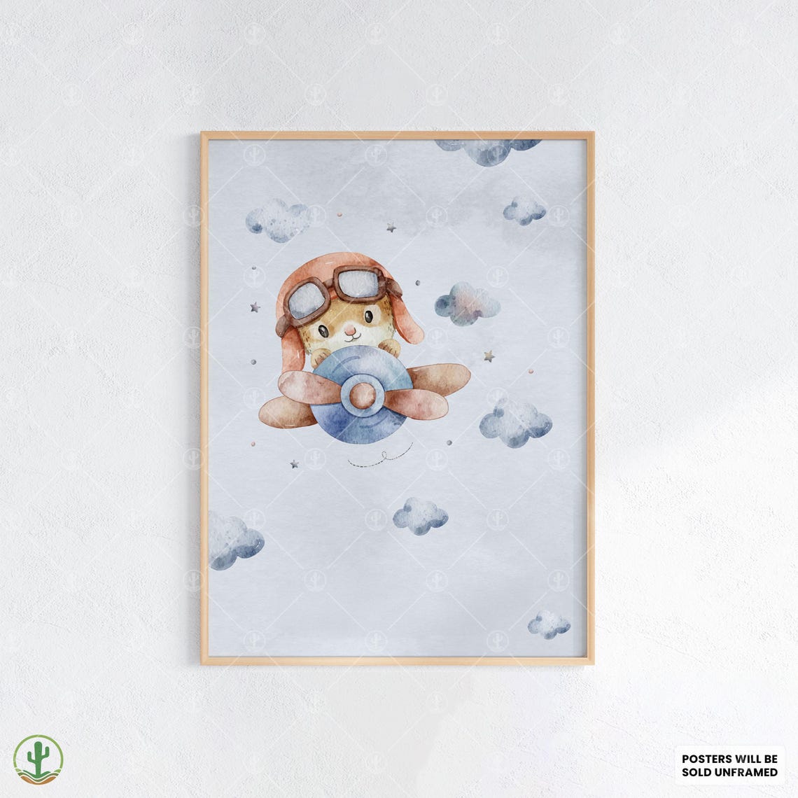 Bunny Pilot Airplane Poster Cute Nursery Flying Animal Room Decor
