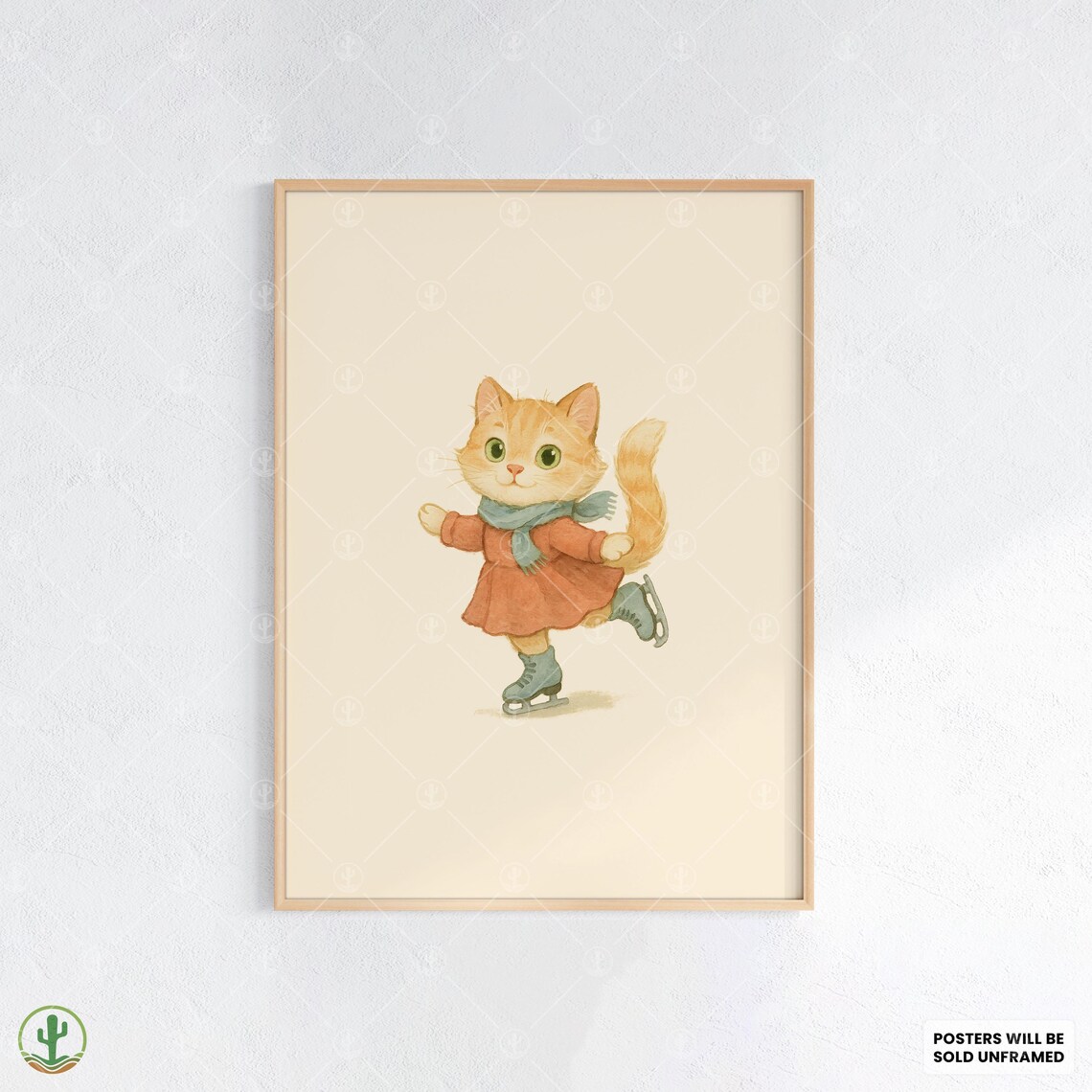 Cute Kitten Ice Skater in Dress Watercolor Poster for Girls Room