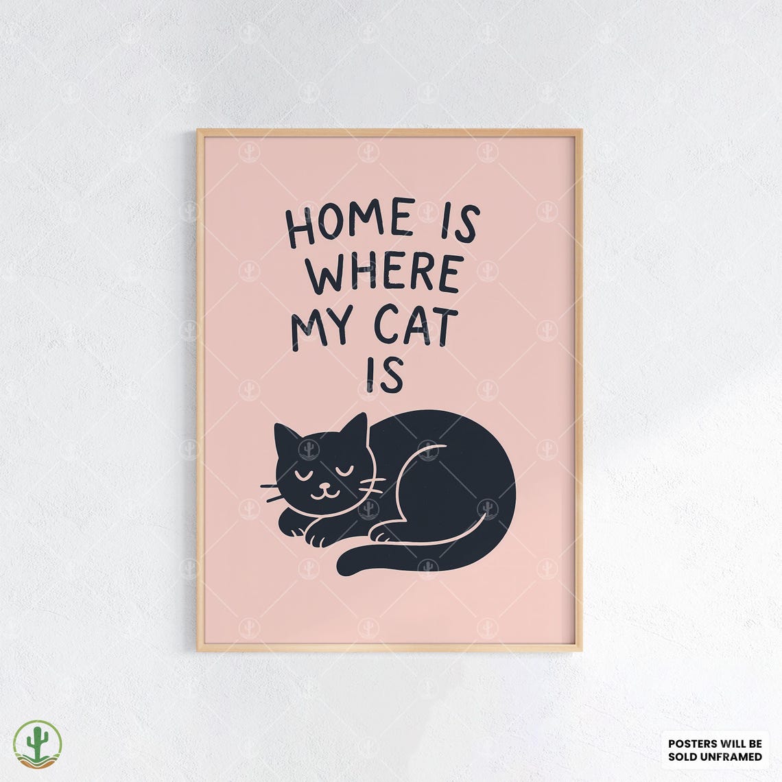 Home Is Where My Cat Is Funny Quote Black Cat Pink Poster Wall Decor