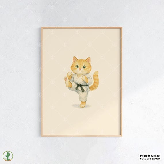 Martial Arts Cat Watercolor Wall Art Adorable Orange Tabby Kitten In Karate Uniform Poster Print For Motivational Decor