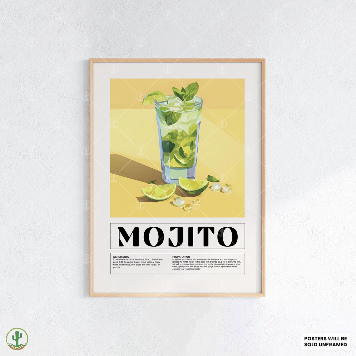 Mojito Cocktail Recipe Poster Fresh Mint Lime Retro Bar Kitchen Artwork