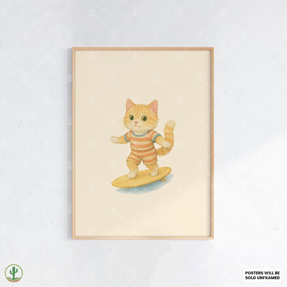 Cute Kitten Surfer Watercolor Poster for Beach Kids Room Decor