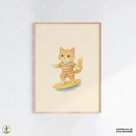 Cute Kitten Surfer Watercolor Poster for Beach Kids Room Decor
