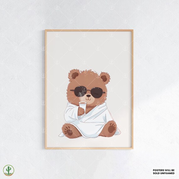 Cool Bear in Sunglasses Drinking Coffee Funny Nursery Animal Poster