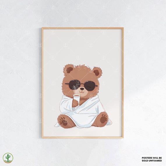 Cool Bear With Coffee Nursery Wall Art Print Cute Baby Room Decor Animal Kids Poster
