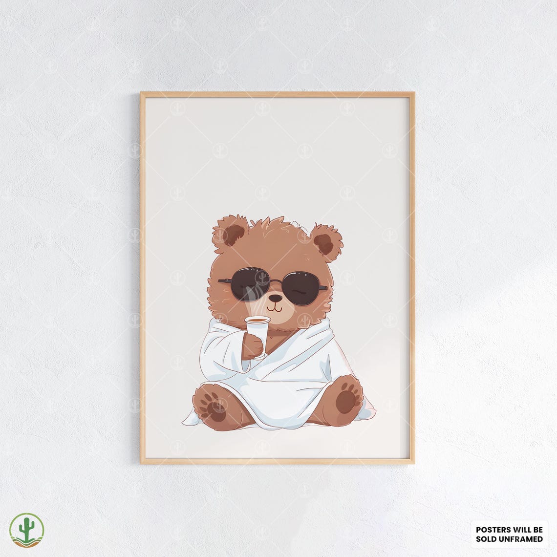Cool Bear in Sunglasses Drinking Coffee Funny Nursery Animal Poster