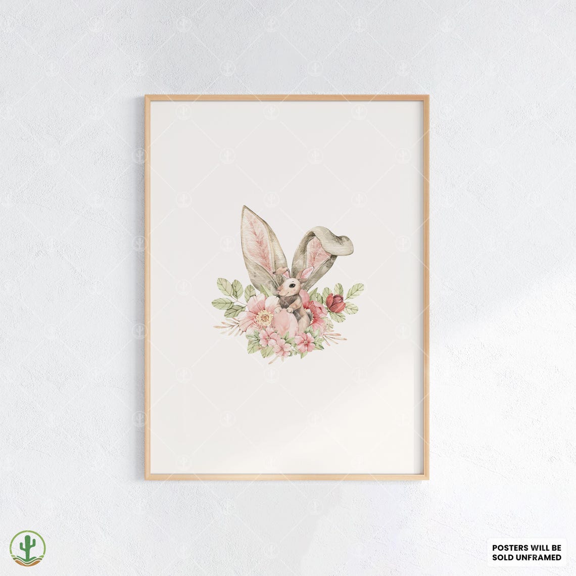 Watercolor Bunny With Big Ears Pink Floral Wreath Nursery Poster